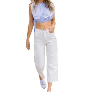 Pantalones cortos vaqueros personalizados para mujer, pantalón corto elástico de pierna ancha y longitud hasta el tobillo, color blanco, para verano, 2022