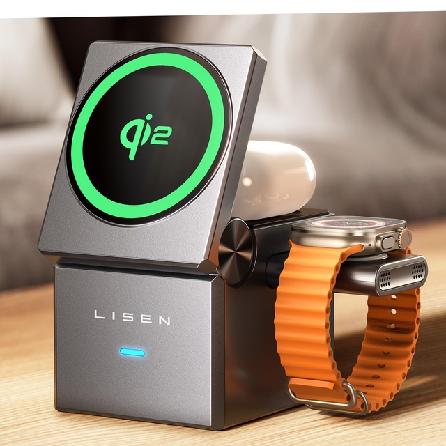 LISEN Magnetic QI2 3-in-1 Foldable Wireless Charging Stand 15W Fast Power Delivery Station for iPhone 17 Pro Max Airpods Watch