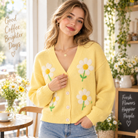 Cardigan en tricot pour femme personnalisé, motif floral marguerite, col en V, boutonné, manches longues, coupe ample, OEM ODM, MOQ flexible