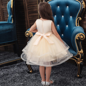 Robe en tulle champagne pour filles, col rond, coupe trapèze, sans manches, costume de demoiselle d'honneur, robe de soirée pour spectacle - Product Image 4