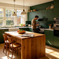 Meuble de cuisine ouvert en acier inoxydable vert foncé mat, îlot en bois massif, mobilier de cuisine moderne sur mesure, évier durable