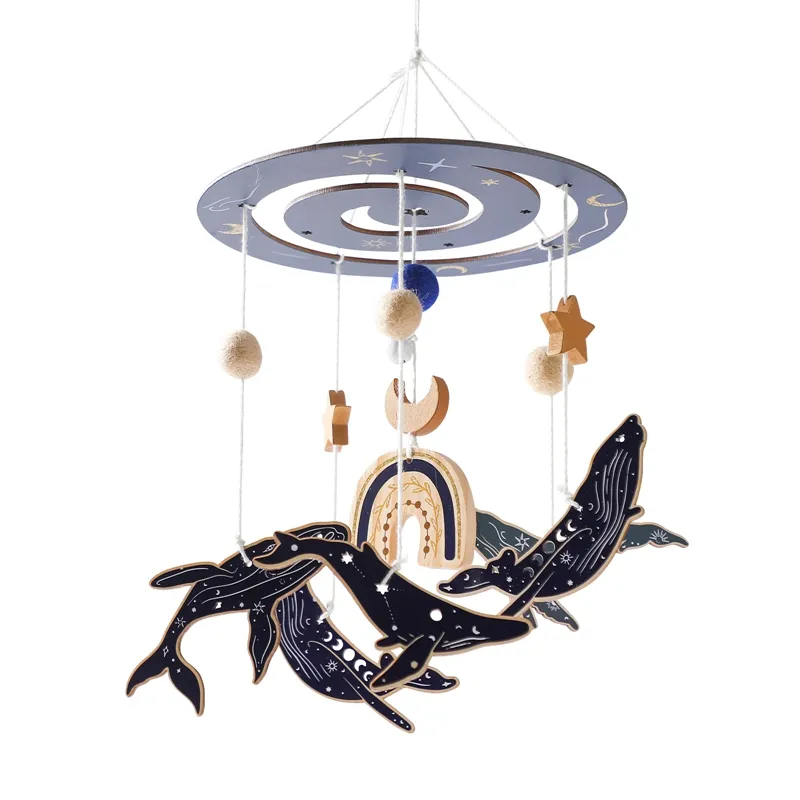 木製の海の動物のベッドベルカラフルなコットンボールハンギングおもちゃフェルトベビーモバイルベビーベッドの装飾