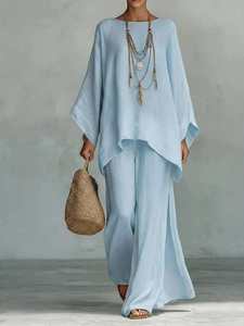 Women <b>Linen</b> Blend Knitted <b>Two</b> <b>Piece</b> Set Oversized Shirt Wide Leg Pants Casual Summer Outfit Quick Dry - Product Image 6