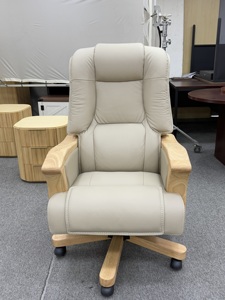 High-back Ergonomic Executive <b>Chair</b> Featuring Off-<b>white</b> Paired Light-colored Solid Wood Adjustable Armrest Swivel Modern Design. - Product Image 1
