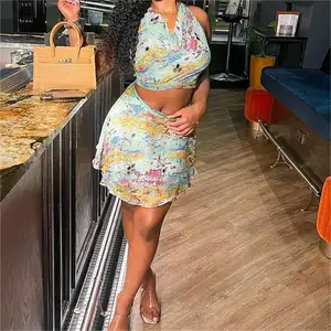 new type printed colorful sleeveless crop top and skirt sexy velvet two piece set womens clothing