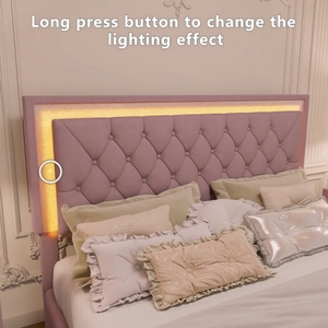 Luxurious PU Leather Platform <b>Bed</b> <b>Queen</b> <b>Size</b> Upholstered <b>Bed</b> Frame with LED Lights with Tufted Headboard - Product Image 4