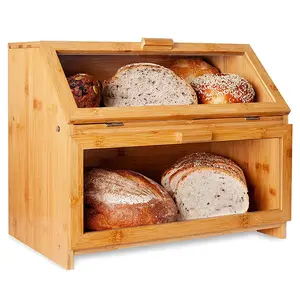 Boîte à pain en bambou à double couche, boîte de rangement des aliments, boîte à pain en bambou avec couvercle