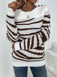 Automne hiver décontracté à manches longues pull pull haut nouveau <span class=keywords><strong>zèbre</strong></span> rayure motif col rond épaule boucle tricoté pull femmes - Product Image 5