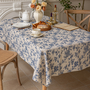Mantel Rectangular de Lino y Algodón con Estampado Floral Azul para Mesa de Comedor, Diseño de Plantas y Flores - Product Image 1