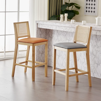Tabouret de bar en rotin/bois tressé avec dossier, assise rembourrée en cuir PU, structure robuste, design moderne, écologique, pour hôtel, salle à manger, bar