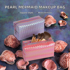 Bolsa de Maquillaje Cuadrada de Moda para Mujer, con Diseño de Sirena Trenzada, Cierre de Cremallera, Cuero PU Tridimensional, Pearl Magic Check - Product Image 2