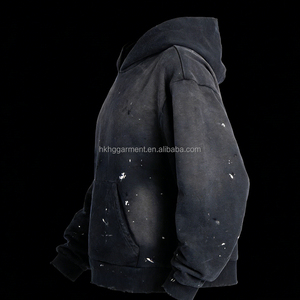 เสื้อฮู้ดดี้ผู้ชายแบบซิป ย้อนยุคสไตล์วินเทจ ล้างสีแบบแอซิดวอช ทำสีซีดแบบซันเฟด พิมพ์ลายสาดสีพร้อมโลโก้ - Product Image 3