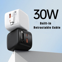 Bloc chargeur mural rapide 30W GaN PD Adaptateur de chargeur de voyage USB C portable avec câble rétractable pour iPhone 16 15 iPad Galaxy