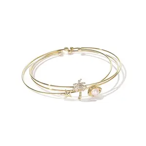 Gemnel 925 Silver Jewelry Coconut Tree Pearl Shell Starfish Thin Staked Bangle Bracelet