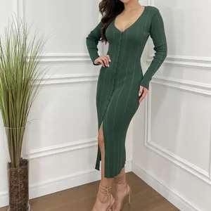 Benutzer definierte 2024 Frühling, Damenmode Elegante Kleidung Schulter gepolstert Langarm Bodycon Green Party Club Maxi Langes Kleid/