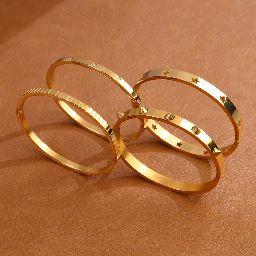 Custom Acier Inoxidable Bijoux Hollow Out Star Bangle Women 18K Gold Plated Stainless Steel Cuff Bracelet