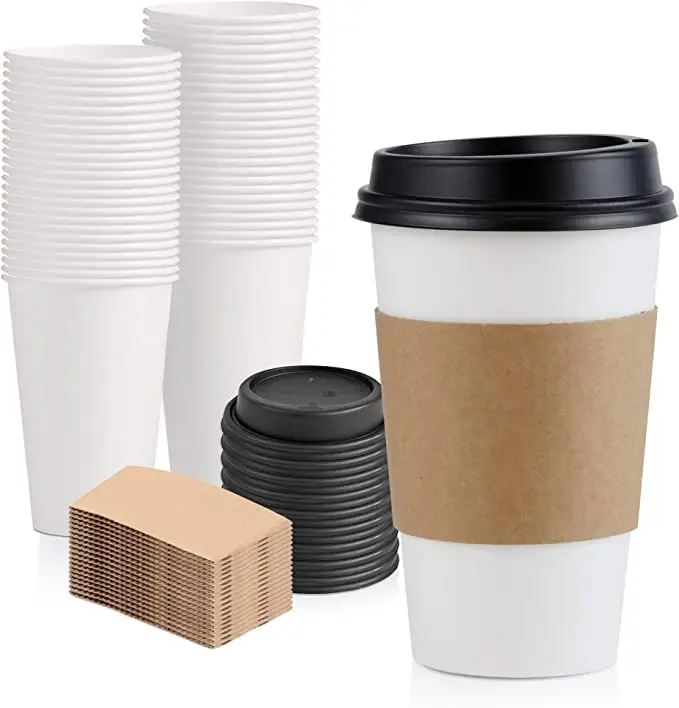 16 oz Hot Beverage Disposable White Paper Coffee Cup with Black Dome Lid and Kraft Sleeve Combo