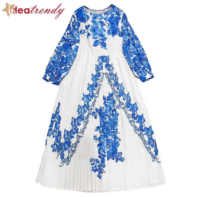 Ideatrendy custom blue floral dress 2022 New women's high quality long-sleeve lace waist pleated dress