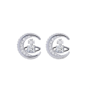 Pendientes de Oro Blanco E3326 con Forma de Luna, Cristales de Circonita, Engaste de Garras, para Mujer, Uso Diario Romántico - Product Image 1