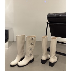 2023 automne hiver noir chevalier bottes pour femmes nouveau baril haut sous le genou mince boucle de ceinture PU semelle intérieure ronde chaussures de sécurité - Product Image 5