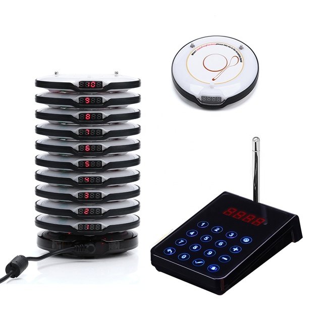 Cafe Colorful Coaster Paging System 1 Base 10 Round Beepers Vibrating Buzzer Waiter Calling System Wireless Pager for Restaurant