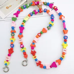 REWIN Universal Rainbow Wooden Beads Mobile Phone Case Strap Crossbody Acrylic Chain Beads Cell Phone Charm Neck Lanyard