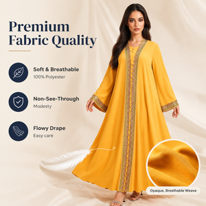 Espléndido Vestido Abaya Kaftan Musulmán para Mujer en Amarillo Sol, Bordado, con Bordes Festoneados, Ideal para Celebraciones - Product Image 5