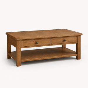 Table basse convertible en bois de chêne massif avec deux tiroirs de rangement, étagère inférieure ouverte et plateau rectangulaire épais pour un intérieur moderne - Product Image 3