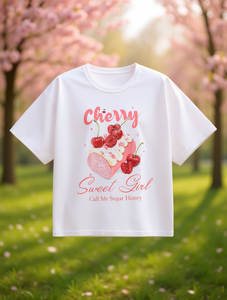T-shirt con stampa Cherry Sweet Girl da donna, bianca, girocollo, manica corta, casual, primavera estate, lavabile in lavatrice, in jersey di cotone - Product Image 2