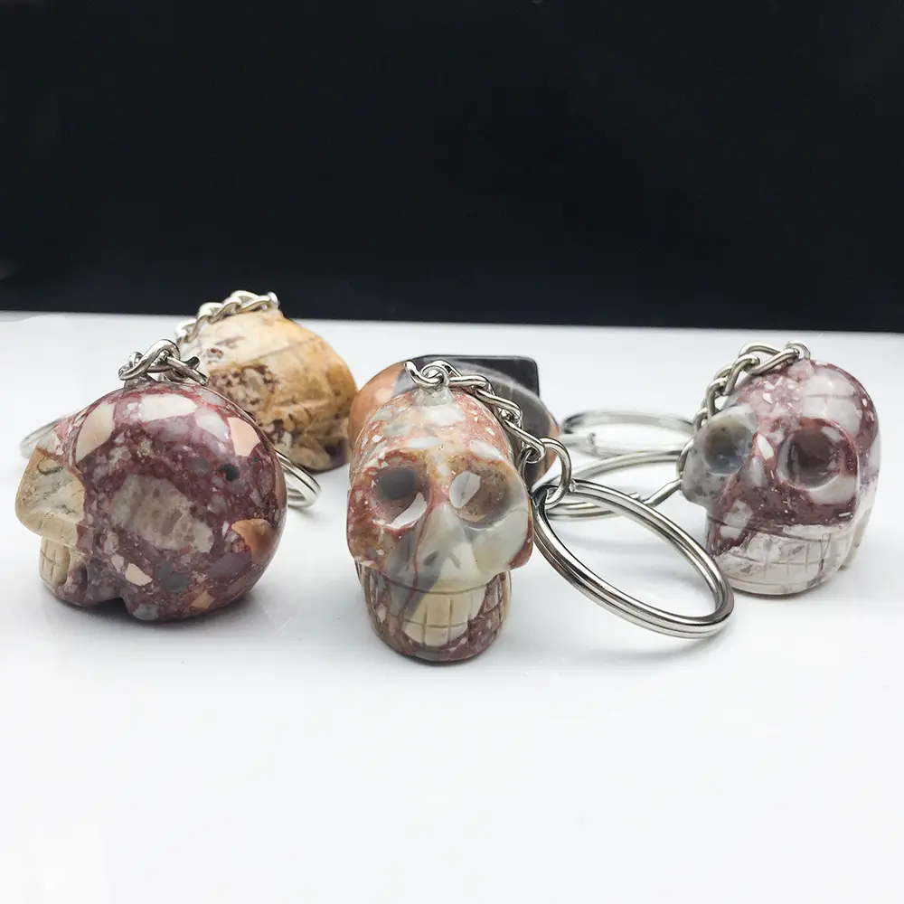 HZ cincin kunci kerangka ornamen halloween, gantungan kunci tengkorak menggantung di lingkaran Halloween _ bambu jasper gambar jasper gantungan kunci