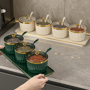 Beauty Spice Jar Set 7Pcs With Lid And Spoon For <b>Kitchen</b> <b>Storage</b> Container Ceramic Seasoning Jars With Tray - Product Image 4