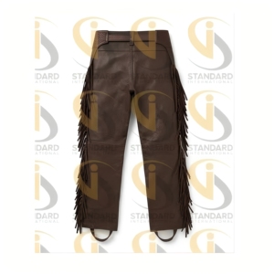 Pantalones de equitación de cuero marrón premium con flecos laterales, paneles repujados, cintura con hebilla y aberturas en las piernas con cremallera - Product Image 4
