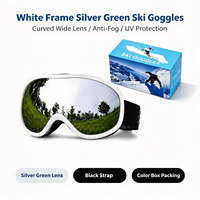 Masque de ski blanc avec monture argentée et verre miroir vert, lentille large incurvée, anti-buée, protection UV, pour snowboard, compatible avec lunettes de vue, OEM ODM