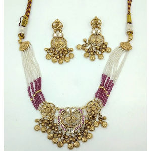 Ensemble collier ras-de-cou en or de créateur avec perles roses et boucles d'oreilles pendantes imposantes, collection nuptiale - Product Image 2