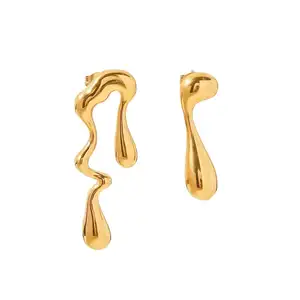 Fashion 18k Gold Plated Stainless Steel Irregular WaterDrop Earrings Asymmetric Melting Ice Design Stud Earring