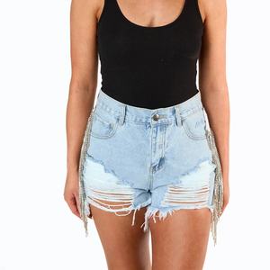 Shorts de Mezclilla Rasgados de Cintura Alta para Mujer, Verano 2025, con Borlas de Diamantes de Imitación Azules - Product Image 2