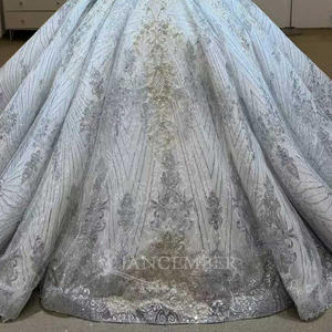 Robes de mariée modernes à manches longues Empire bleu pour femmes, avec dentelle florale et cristaux, pour JJ117 - Product Image 6