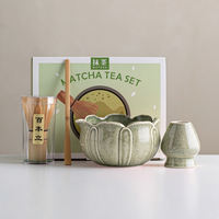 Ensemble de thé matcha en céramique de style japonais Flower Rhyme, ensemble de 4 pièces, bol à thé en céramique, boîte verte cadeau