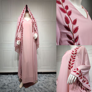 TONGYANG-vestido de gasa Floral bordado para mujer, Hijab de Abaya rosa con cuello de pico árabe musulmán Dubai marroquí 2023 - Product Image 5