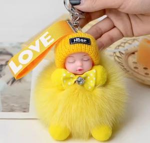 Kawaii Sleeping Baby Fur Doll Toy Plushie llavero mullido <span class=keywords><strong>bebé</strong></span> Pom llaveros para mujeres coche mochila llavero titular ornamento - Product Image 4