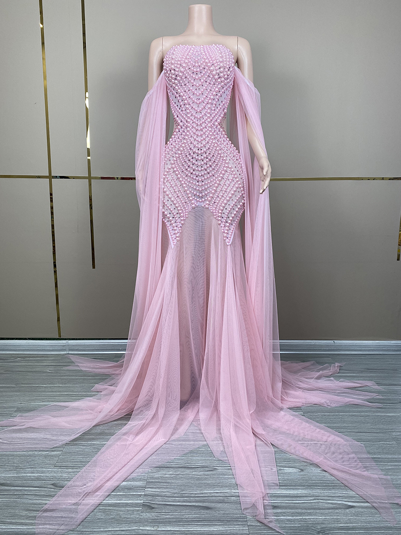 Pink Evening Dress with Diamond Birthday Dress Sexy Sheer Mesh Rhinestone  Pearl Dress