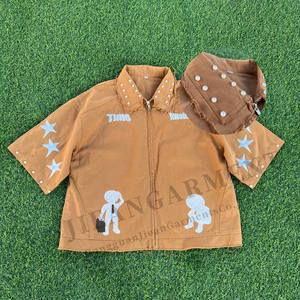 Wholesale Custom Embroidery Printing Logo Vintage Mens Crop Top Boxy Fit Pearl Rivets <strong>Zip</strong> <strong>up</strong> Collar Shirt <strong>Zip</strong> <strong>up</strong> <strong>Polo</strong> Shirt - Product Image 1