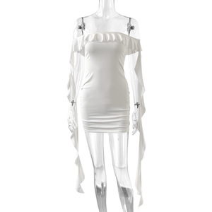 Vestido plisado ajustado de moda para mujer con hombros descubiertos y falda con lazo en la cadera - Product Image 4