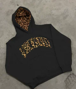 Men Leopard Print Hooded Sweatshirt <b>Set</b> Black Casual Two Piece Tracksuit <b>Knitted</b> Cotton Autumn Wear - Product Image 3