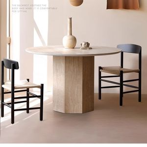 Table à manger ronde en bois massif avec plateau en marbre, design minimaliste, idéale pour les petits appartements, structure stable - Product Image 4