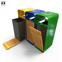 Poubelle de recyclage à trois compartiments en gros, poubelle unique pour la ville, poubelle en bois avec couvercle