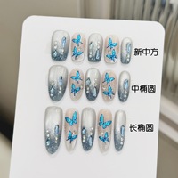 Marque privée 10 pièces Faux ongles à presser en acrylique faits main, motif fleur 3D, style chinois, effet œil de chat et paillettes