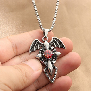 Stainless Steel <b>Cross</b> Pendant <b>With</b> Red Gem Bat Wing Design Men's Necklace Punk Retro Style - Product Image 4
