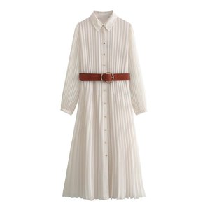 Robe Midi Plissée Printemps 2024 Chic et Vintage PB&ZA pour Femme, Manches Longues, avec Ceinture - Product Image 1