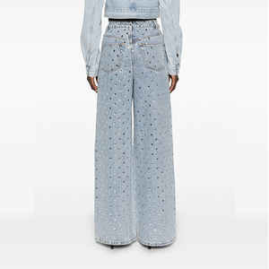 Jean <span class=keywords><strong>taille</strong></span> <span class=keywords><strong>basse</strong></span> pour <span class=keywords><strong>femme</strong></span>, coupe droite ample, denim délavé vintage, entièrement orné de strass, style streetwear sexy, look décontracté - Product Image 3